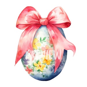Set di clipart di uova di Pasqua ad acquerello con fiocco: 8 PNG di alta qualità a 300 DPI, stampabili per uso commerciale, download digitale - Caccia alle uova