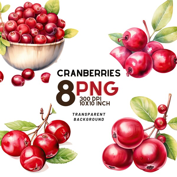 Watercolor Cranberries Clipart: 8 quality PNGs,  300 DPI - Ideal for Digital Journal, Printable with Commercial Use, Digital download