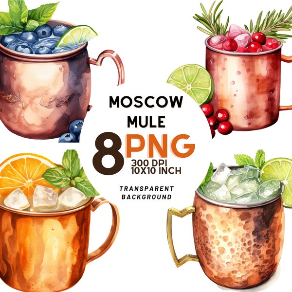 Watercolor Moscow Mule Cocktail clipart set: 8 High-Quality 300 DPI PNGs, Printable with Commercial Use, Digital Download