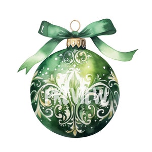 Watercolor Green Christmas Ball clipart set: 8 High-Quality 300 DPI PNGs, Printable with Commercial Use, Digital Download