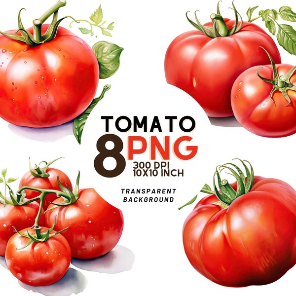 Clipart tomates aquarelle - 8 PNG haute résolution pour scrapbooking, journal numérique, imprimable pour un usage commercial, téléchargement numérique