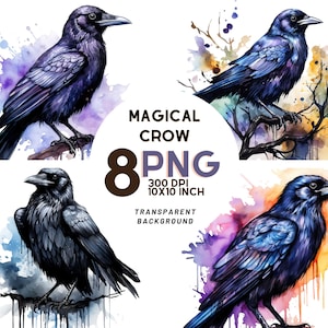 Magical Crow Clipart set: 8 High Quality 300 DPI - Ideal for scrapbooking, Digital journal - Instant Digital Download