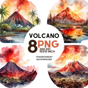 Watercolor Volcano Landscape clipart set: 8 PNG 300 DPI- TRANSPARENT background, Digital Journal, Commercial Use, Digital Download