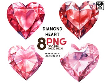 Red and pink Diamond Heart watercolor clipart: 8 PNGs 300 DPI illustrations, Commercial use, instant download - St Valentines Day