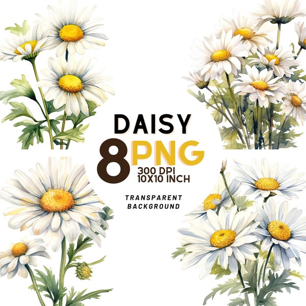 Watercolor Daisy Clipart - 8 High-Quality PNGs for Botanical Prints, Digital Journals & Commercial Use - Instant Digital Download