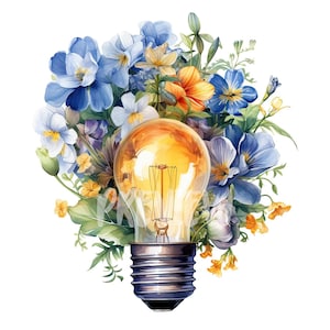 Watercolor Floral Lightbulb clipart - 8 High-Resolution PNG for Scrapbooking, Printable with Commercial Use, Digital download