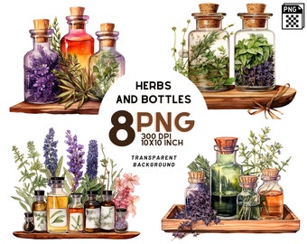 Watercolor Botanical Herbs and Bottles Clipart: 8 High Quality 300 DPI - Ideal for scrapbooking, digital journal - Instant Digital Download