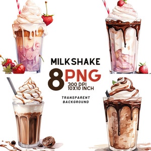 Aquarel Milkshake Clipart: 8 hoogwaardige PNG&#39;s voor digitale projecten en commercieel gebruik