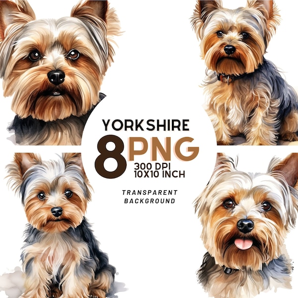 Yorkshire Terrier Watercolor Clipart: 8 Quality PNGs, Printable with Commercial Use. Perfect for scrapbooking, stickers, & digital journals!