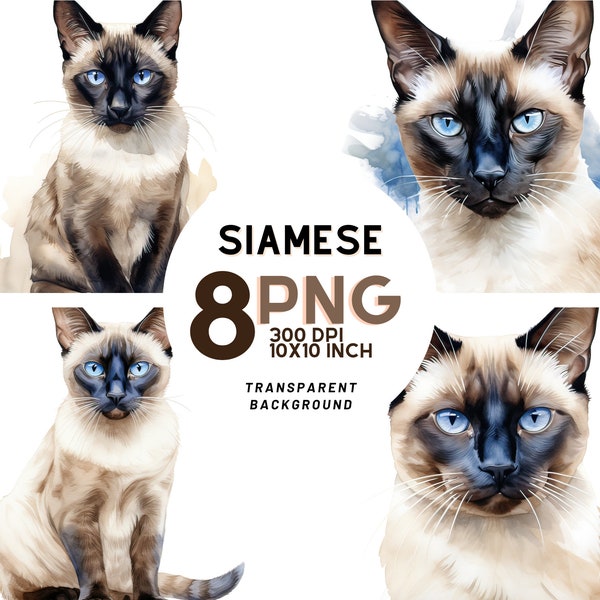 Siamese Cat Watercolor Clipart, 8 Quality PNGs, Scrapbooking, Digital Journal, Printable with Commercial Use, Digital download