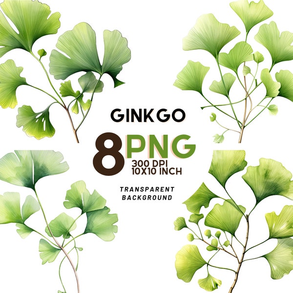 Watercolor Ginkgo set: 8 High-Quality 300 DPI PNGs, Botanical Print, Printable with Commercial Use - Digital Download