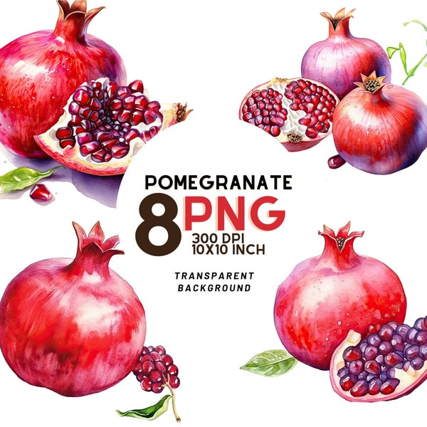 Watercolor Pomegranate Clipart: 8 High-Quality 300 DPI PNGs for Scrapbooking, Digital Journal - Commercial Use - Digital instant download