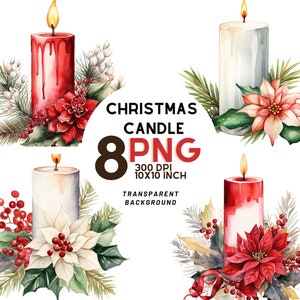 Aquarell Weihnachtskerze Clipart-Set: 8 hochwertige 300 DPI PNGs, druckbar mit kommerzieller Nutzung, digitaler Download