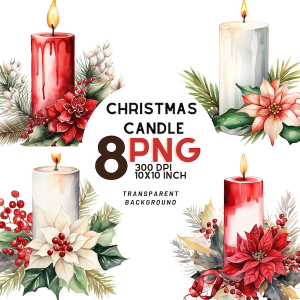 Watercolor Christmas Candle clipart set: 8 High-Quality 300 DPI PNGs, Printable with Commercial Use, Digital Download