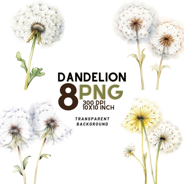 Botanical Dandelion Clipart Set: 8 Quality PNGs 300 DPI - Ideal for scrap, Digital Journal, Printable with Commercial Use, Digital download