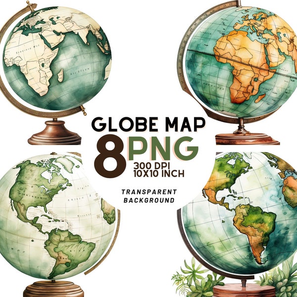 Map Globe Watercolor clipart: 8 Quality PNGs for Scrapbooking, Digital Journal, Printable with Commercial Use, Digital download