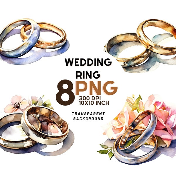 Watercolor Wedding Rings Clipart - 8 High-Quality PNGs 300 DPI - Ideal for Invitations, Scrapbooking, and Printables