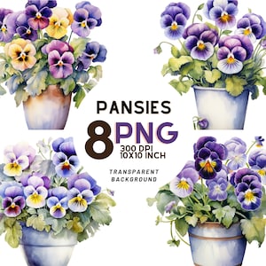 Watercolor Pansies Clipart: 8 High-Quality 300 DPI PNGs, Botanical Print, Printable with Commercial Use - Digital Download