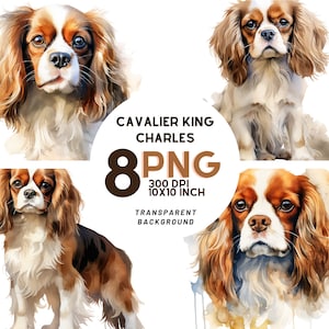 Cavalier King Charles Spaniel Watercolor set - 8 High-Quality PNGs for Scrapbooking, Digital Journaling, Printing, Instant Digital Download