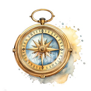 Aquarell goldener Kompass Clipart - 8 hochauflösende PNG für Scrapbooking, druckbar mit kommerzieller Nutzung, digitaler Download