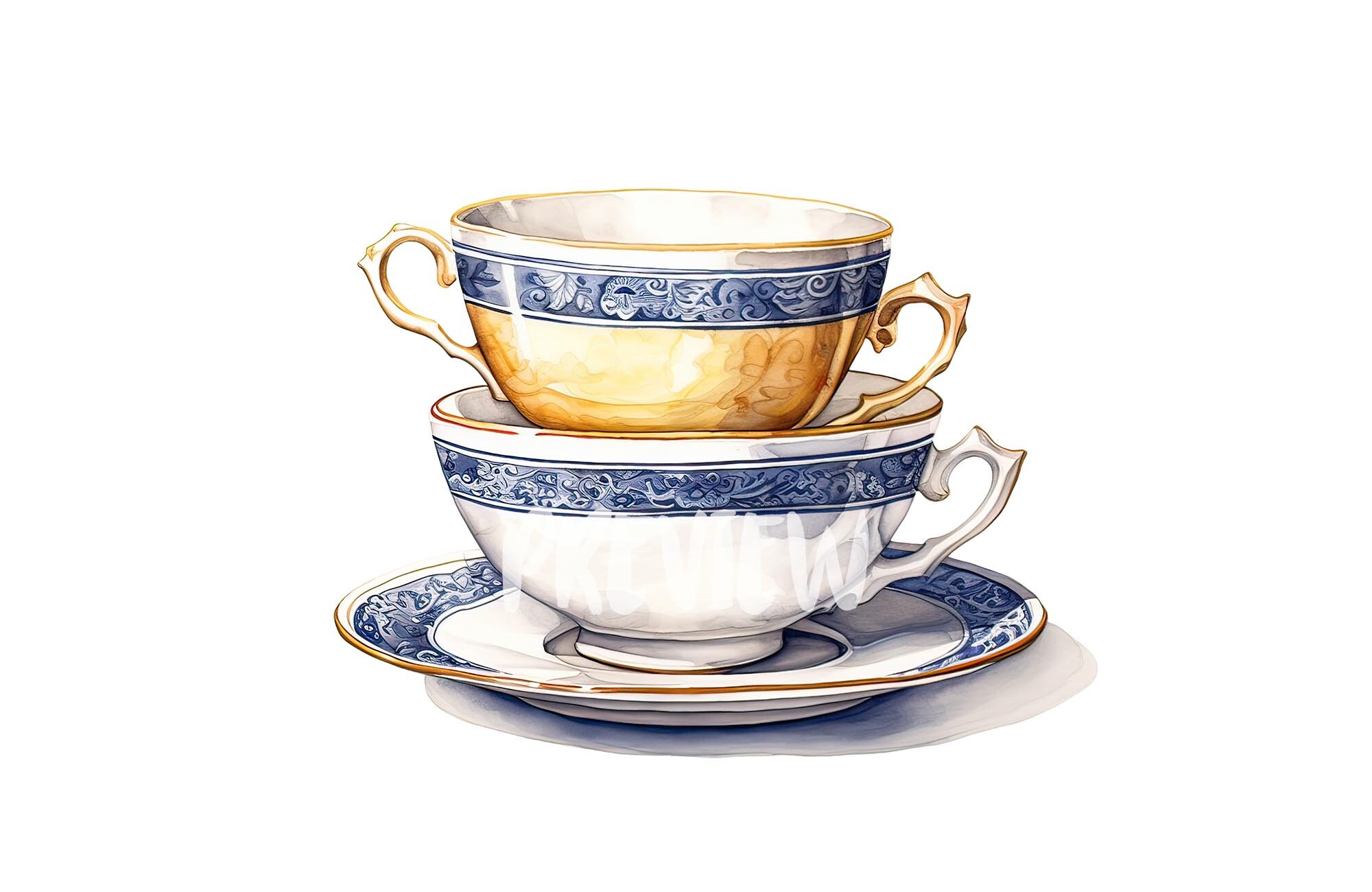 水彩画 ティーセット 絵画 ティーカップの水彩画クリップアート セット - デジタル