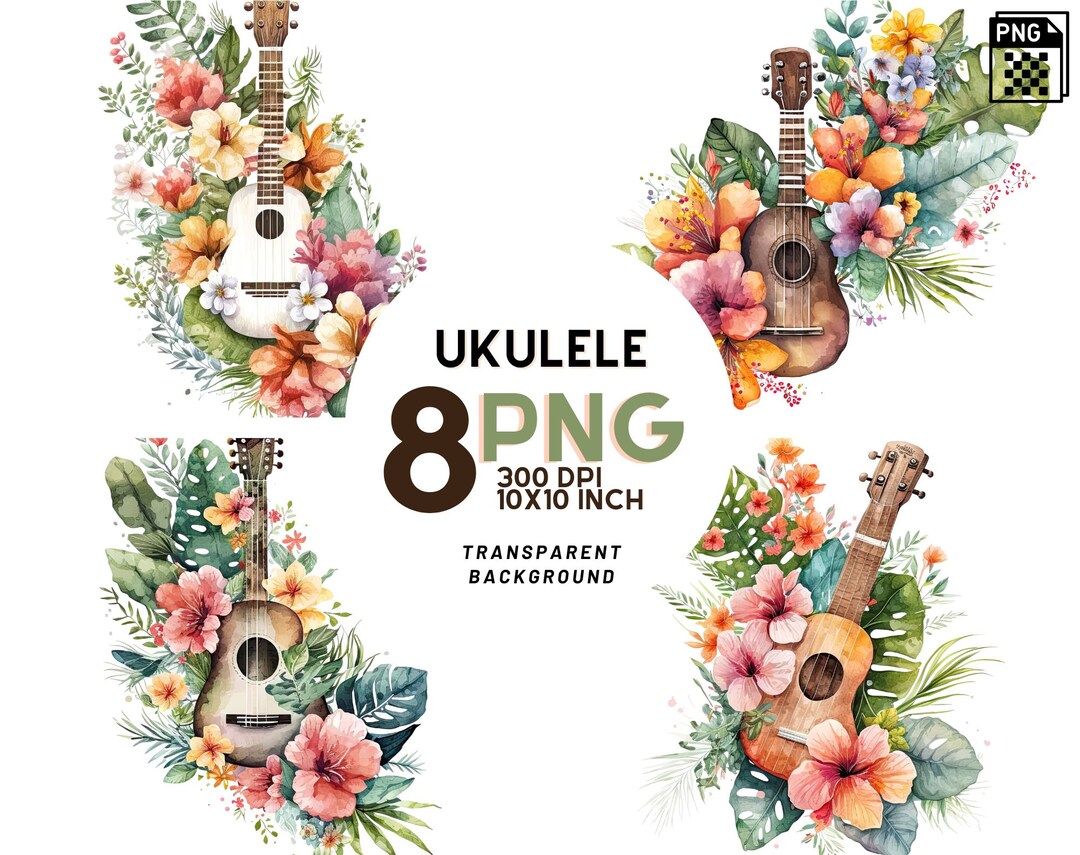 Floral Ukulele Watercolor Clipart Set 8 Highquality Pngs for Digital