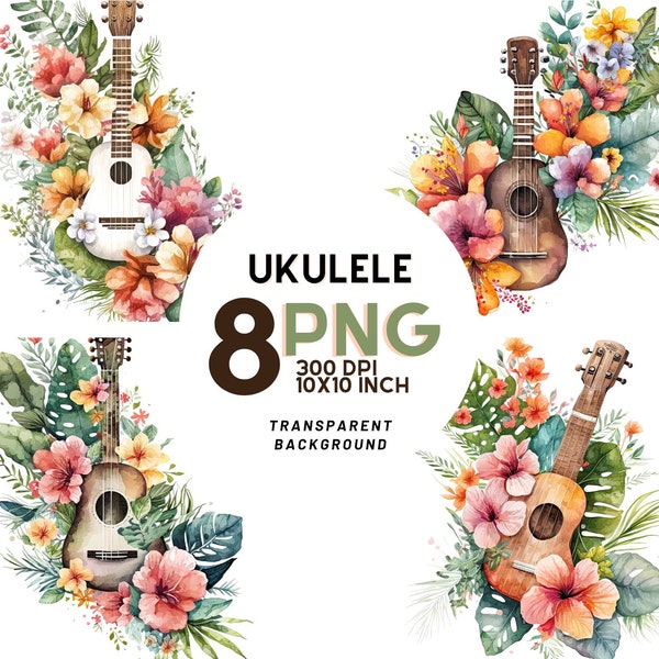 Floral Ukulele Watercolor Clipart set- 8 High-Quality PNGs for Digital Journaling, Printables, and Commercial Use, Instant Digital Download