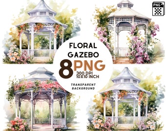 Watercolor Floral Gazebo Clipart set: High Quality Digital Art - Instant Download - 8 JPG Files 4096x4096 300 DPI