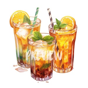 Watercolor Iced Tea Clipart: 8 quality PNGs,  300 DPI, Digital Journal, Printable with Commercial Use, Digital download