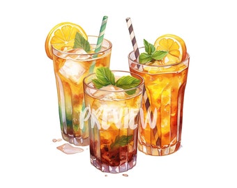 Watercolor Iced Tea Clipart: 8 quality PNGs,  300 DPI, Digital Journal, Printable with Commercial Use, Digital download
