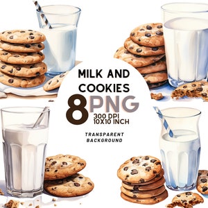 Aquarell Milch und Kekse Clipart - 8 hochauflösende PNGs 300 DPI, digitales Journal, druckbar mit kommerzieller Nutzung, digitaler Download