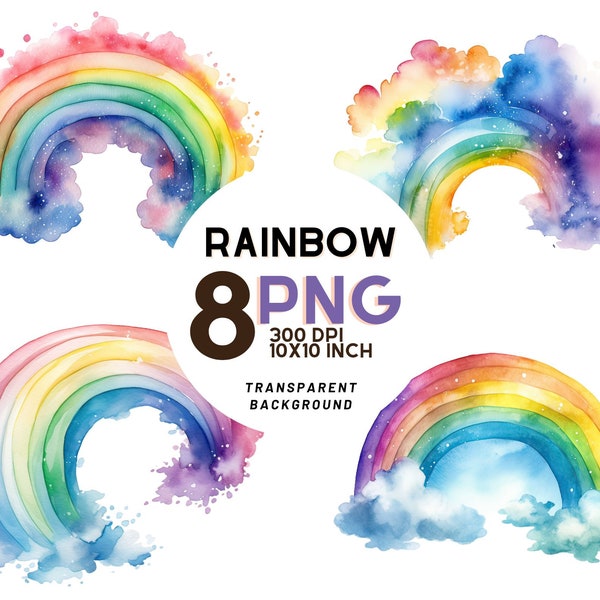 Rainbow watercolor Illustrations set: 8 High Quality PNG 300 DPI - Ideal for nursery decor, digital journal - Instant Digital Download