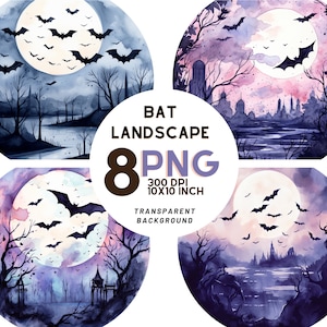 Zestaw clipartów akwarelowych Halloween Nietoperze Krajobraz: 8 PNG 300 DPI- PRZEŹROCZYSTE tło, Dziennik cyfrowy, Użytek komercyjny, Pobieranie cyfrowe