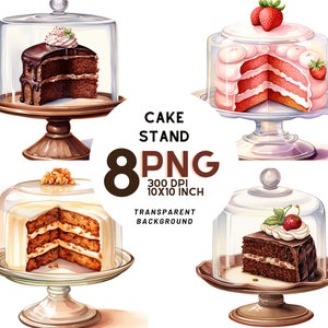 ガラス蓋付き水彩ケーキスタンド クリップアート: 8 つの高品質 PNG、300 DPI、デジタル ジャーナル、商用利用可、デジタル ダウンロード
