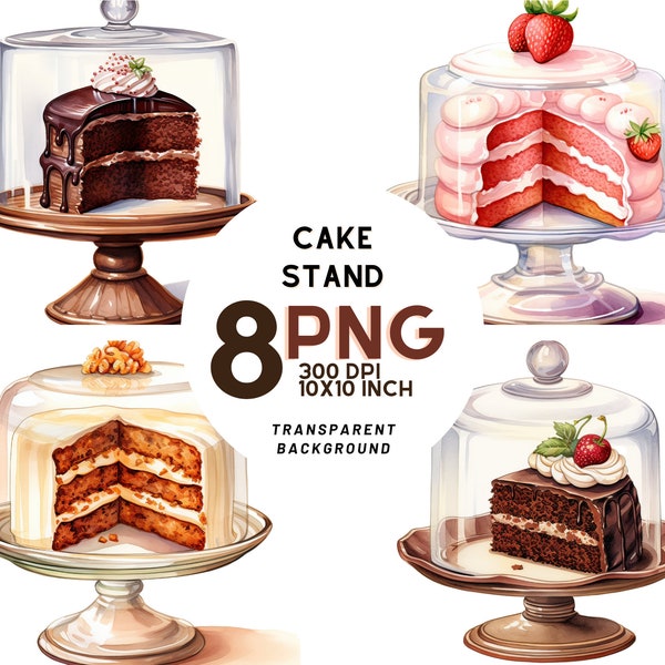 Watercolor cake stand with glass lid Clipart: 8 quality PNGs,  300 DPI, Digital Journal, Printable with Commercial Use, Digital download
