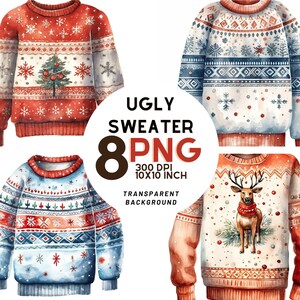 Acquerello Natale brutto maglione Clipart - 8 PNG ad alta risoluzione per Scrapbooking, stampabile con uso commerciale, download digitale