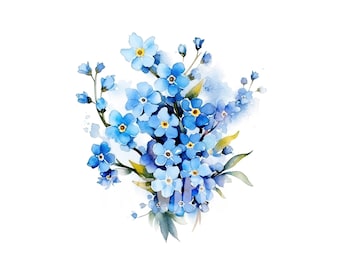 Watercolor Blue Forget me not flowers set: 8 High-Quality 300 DPI PNGs, Botanical Print, Printable with Commercial Use - Digital Download