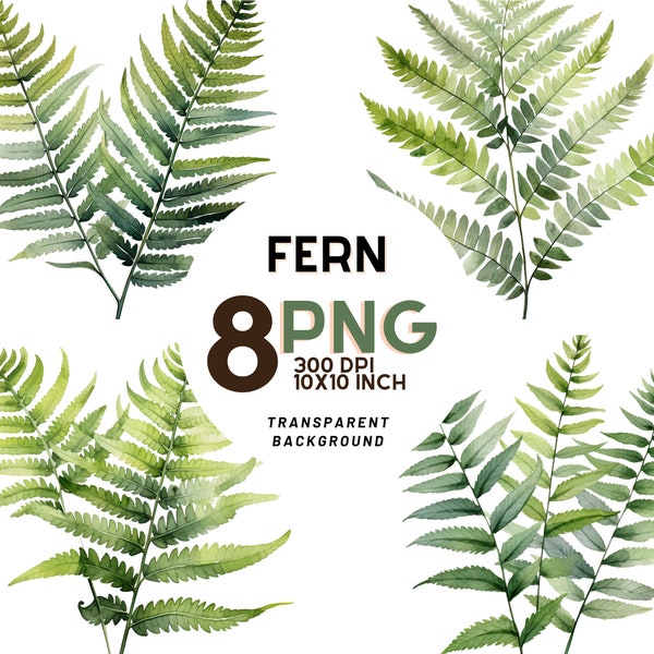 Watercolor Fern Leaves Clipart: 8 High-Quality 300 DPI PNGs for Botanical Art, Digital Journaling, and Printables - Instant Digital Download