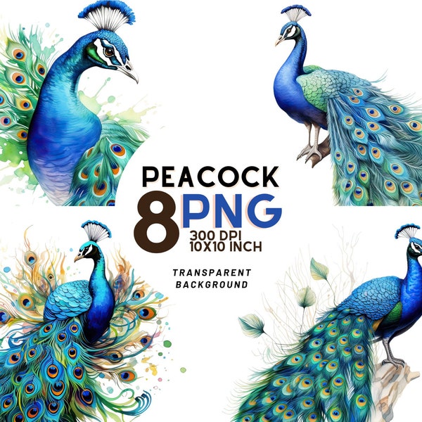 Peacock Watercolor Clipart: 8 Exquisite PNGs for Scrapbooking, Digital Journals, and Printables - Instant Download with Commercial Use