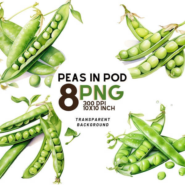 Watercolor Peas in pods Clipart - 8 High-Resolution PNGs for Scrapbooking, Digital Journal, Printable with Commercial Use, Digital download