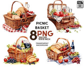 Watercolor Picnic Basket Clipart: 8 quality PNGs, 300 DPI - Ideal for Digital Journal, Printable with Commercial Use, Digital download