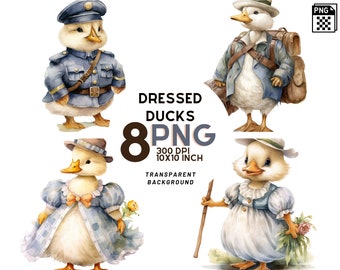 Watercolor Cute Dressed Ducks Clipart: 8 High-Quality PNG 300DPI - Ideal for scrapbooking - Commercial Use, Instant Digital Download