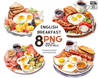 Watercolor English Breakfast Clipart: 8 quality PNGs, 300 DPI - Ideal for Digital Journal, Commercial Use, Digital download