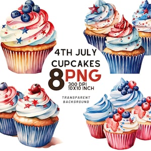 Watercolor 4th of July cupcakes Clipart - 8 High-Resolution PNGs for Scrapbooking, Printable with Commercial Use, Digital download