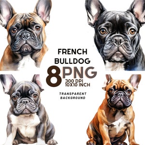 French Bulldog Watercolor Clipart - 8 High-Quality PNGs for Scrapbooking, Digital Journaling, and Printing - Instant Digital Download