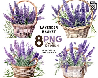 Watercolor Lavender in a basket Clipart Set: 8 High-Quality PNGs 300 DPI - Ideal for Scrapbooking, Digital Journaling, and Commercial Use
