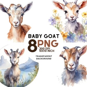 Watercolor Baby Goat Clipart - 8 High-Resolution PNGs for Scrapbooking, Digital Journal, Printable with Commercial Use, Digital download