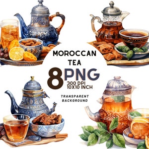 Clipart aquarelle thé marocain : 8 PNG de qualité, 300 DPI - idéal pour un journal numérique, imprimable pour un usage commercial, téléchargement numérique