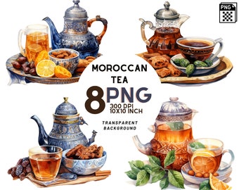 Watercolor Moroccan Tea Clipart: 8 quality PNGs,  300 DPI - Ideal for Digital Journal, Printable with Commercial Use, Digital download