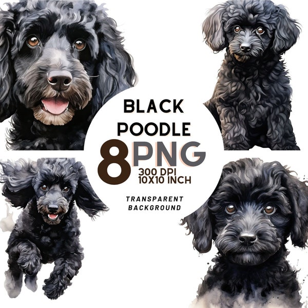 Caniche noir aquarelle Clipart : 8 PNG exquis pour Scrapbooking, autocollants, revues numériques et imprimables – téléchargement immédiat